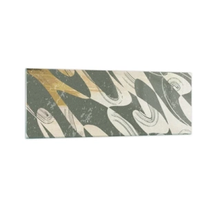 Impression sur verre - Image sur verre - Formes dynamiques dans des tons de vert et d'or - 140x50cm - Abstraction rythmique - Décoration murale moderne pour le salon et la chambre ARTTOR