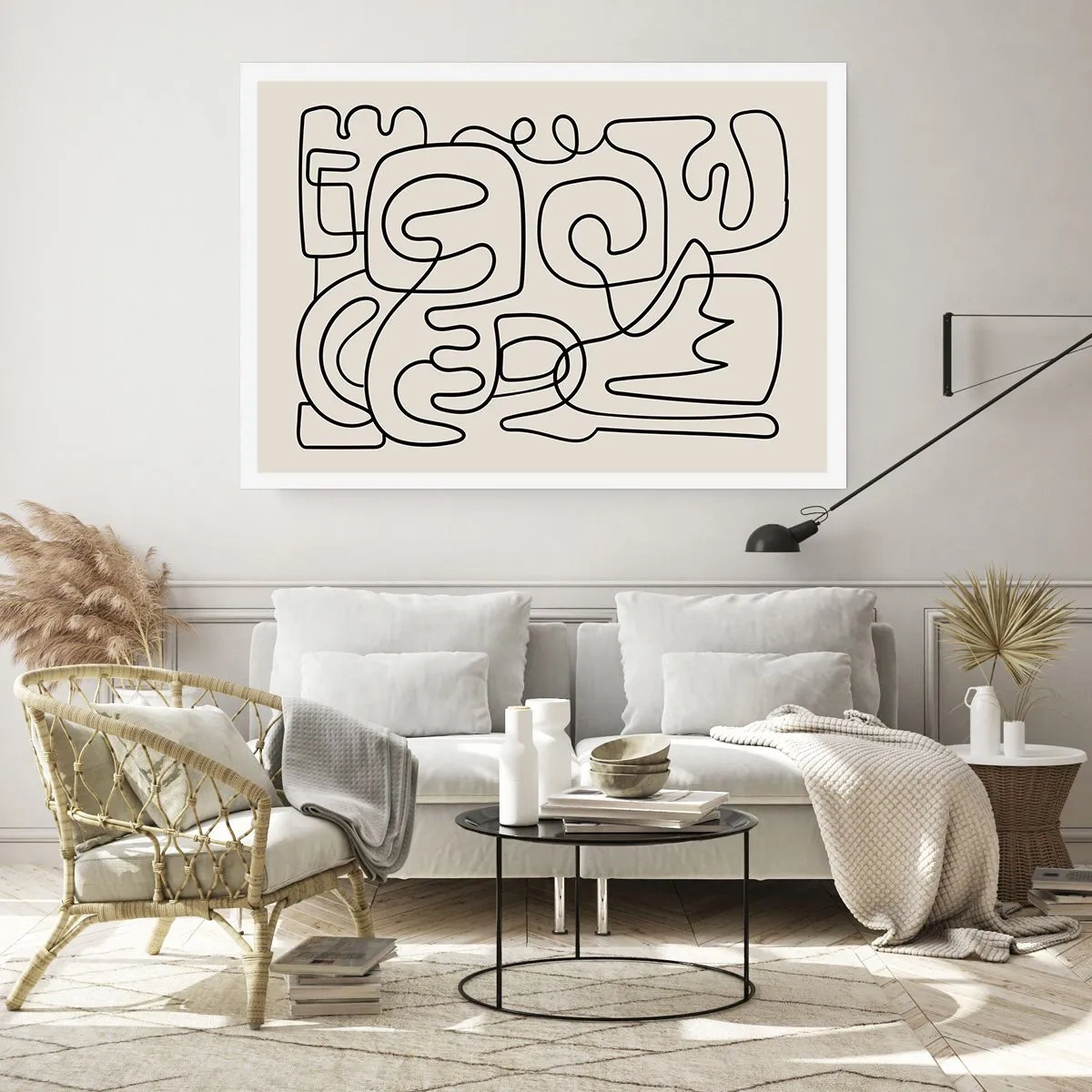 Affiche - Poster - Motif d'art linéaire abstrait en noir sur fond clair - 100x70cm - Suivez les indices - Décoration murale moderne pour le salon et la chambre ARTTOR