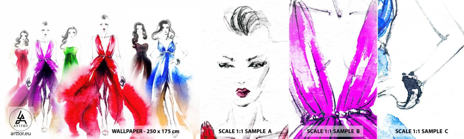 Échantillon de Papier Peint Autocollant Deluxe Sticker - Ambiances pour les déguisements - Défilé de mode, Femme, Robe - 100x30 cm