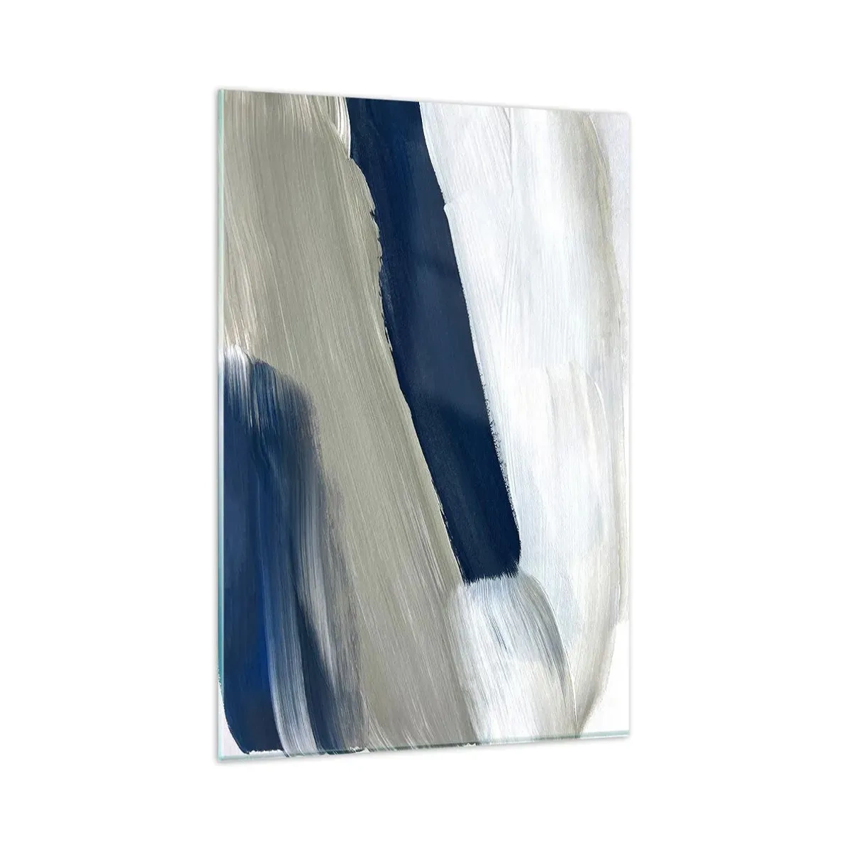 Impression sur verre - Image sur verre - Coups de pinceau abstraits dans des tons de bleu et de gris - 80x120cm - Rencontre avec la blancheur - Décoration murale moderne pour le salon et la chambre ARTTOR