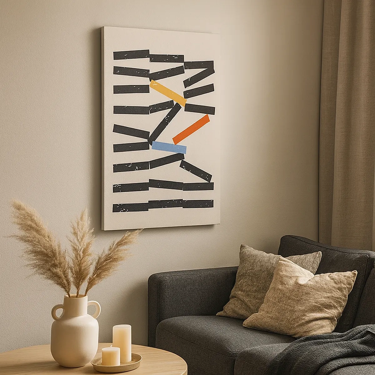 Impression sur toile - Image sur toile - Composition abstraite avec des rectangles colorés et noirs - 50x70cm - Dominos – composition - Décoration murale moderne pour le salon et la chambre ARTTOR