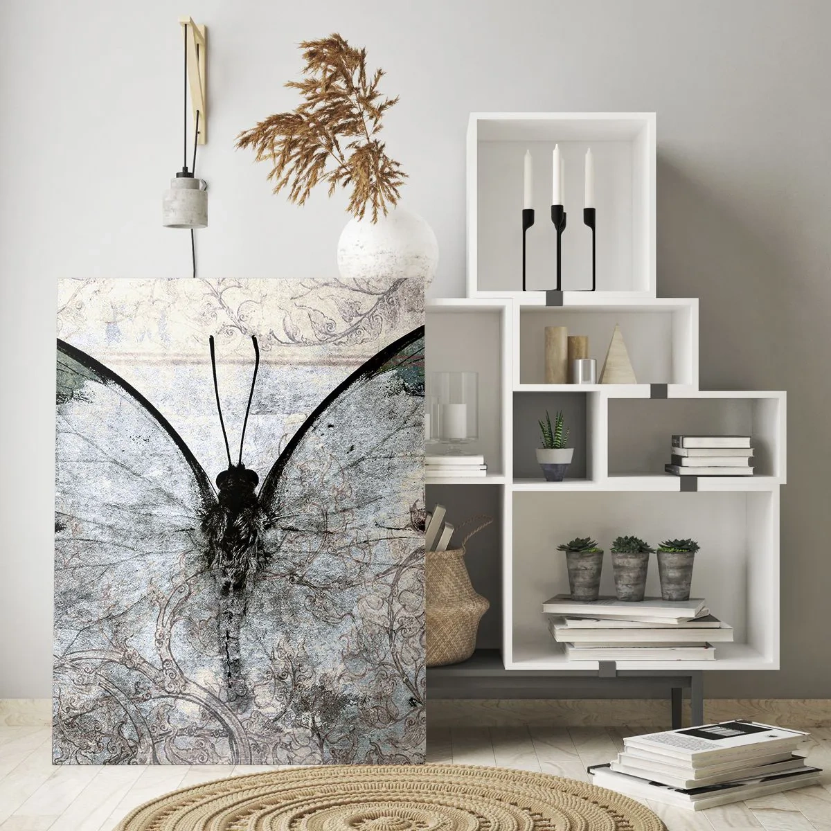 Impression sur verre - Image sur verre - Un papillon dans les tons de vert et de gris sur un fond décoratif - 80x120cm - Dans le style Art Nouveau - Décoration murale moderne pour le salon et la chambre ARTTOR