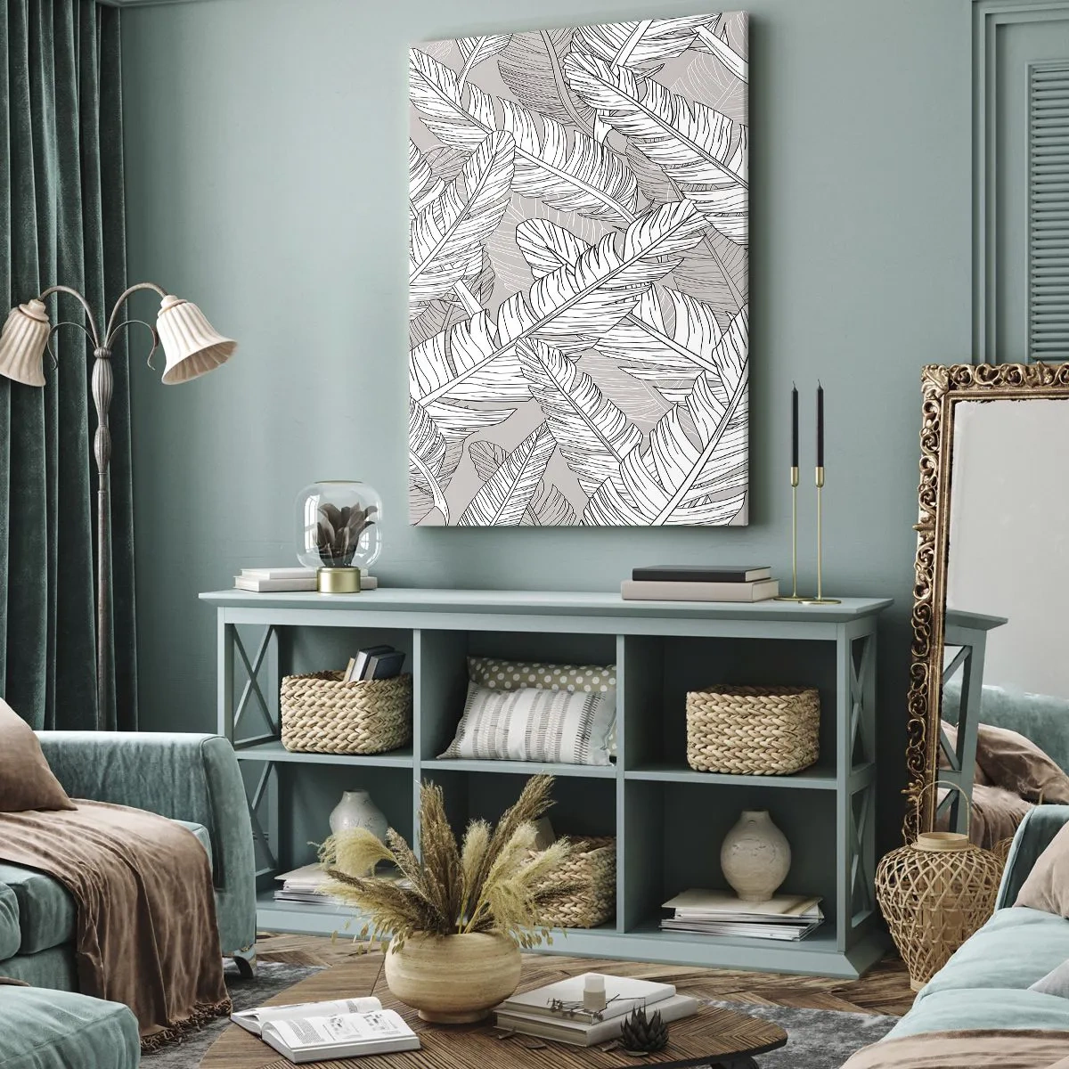 Impression sur toile - Image sur toile - Motif noir et blanc avec des feuilles de bananier sur un fond clair - 50x70cm - Un tourbillon de plumes - Décoration murale moderne pour le salon et la chambre ARTTOR
