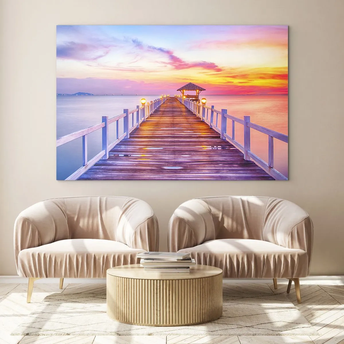 Impression sur verre - Image sur verre - Jetée en bois au coucher du soleil sur une mer calme - 70x50cm - Le silence lilas-doré du soir - Décoration murale moderne pour le salon et la chambre ARTTOR