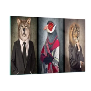 Impression sur verre - Image sur verre - Trois animaux en vêtements élégants sur un fond stylisé - 120x80cm - Qu'est ce que je fais ici?! - Décoration murale moderne pour le salon et la chambre ARTTOR