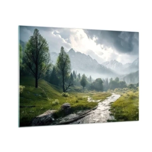 Impression sur verre - Image sur verre - Un paysage de montagne avec un ruisseau et une vallée verdoyante le matin - 70x50cm - Aller et retour - Décoration murale moderne pour le salon et la chambre ARTTOR