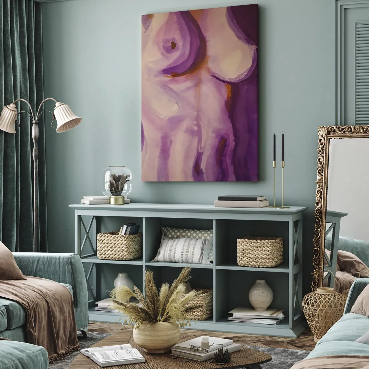 Impression sur toile - Image sur toile - Une interprétation abstraite de la silhouette féminine dans les tons roses et violets. - 80x120cm - Ode à la féminité - Décoration murale moderne pour le salon et la chambre ARTTOR