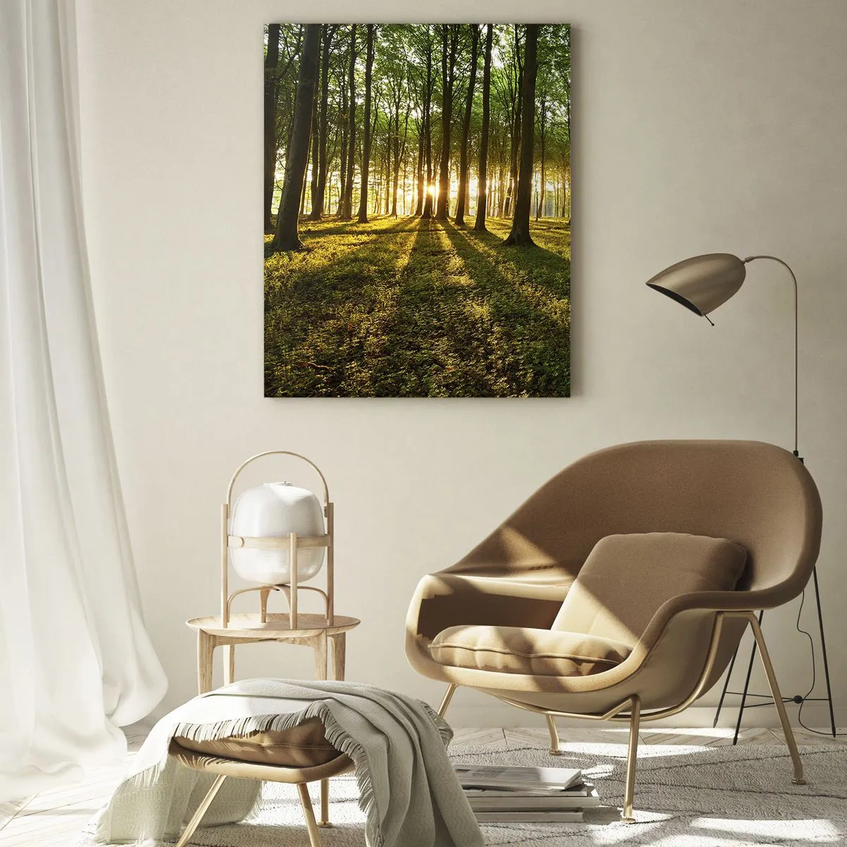 Impression sur verre - Image sur verre - Une clairière forestière illuminée par les rayons du soleil levant - 50x70cm - Toutes les photographies de printemps - Décoration murale moderne pour le salon et la chambre ARTTOR