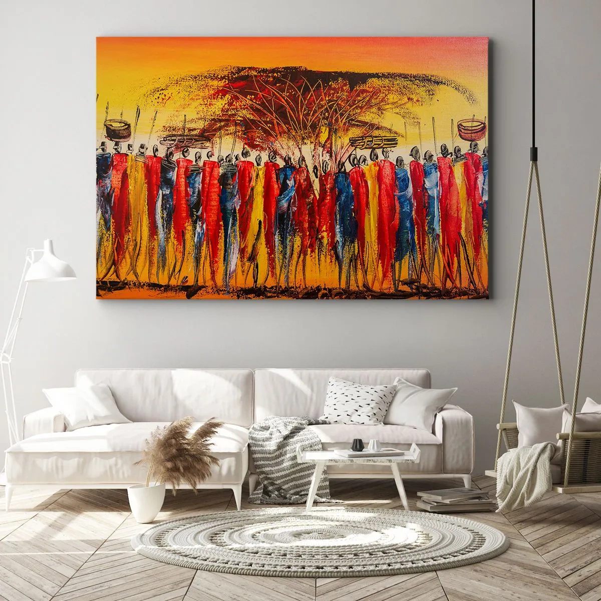 Impression sur toile - Image sur toile - Une scène colorée avec des personnages africains sur fond de soleil couchant. - 70x50cm - Là-bas, là-bas, ils vont là-bas - Décoration murale moderne pour le salon et la chambre ARTTOR