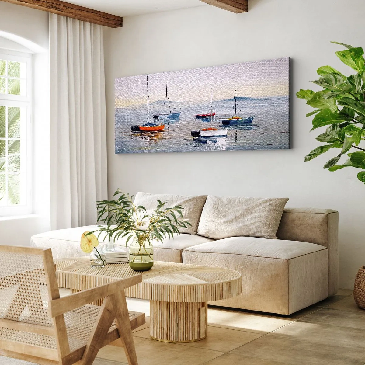 Impression sur toile - Image sur toile - Bateaux colorés sur une eau calme - 140x50cm - Un repos bien mérité - Décoration murale moderne pour le salon et la chambre ARTTOR