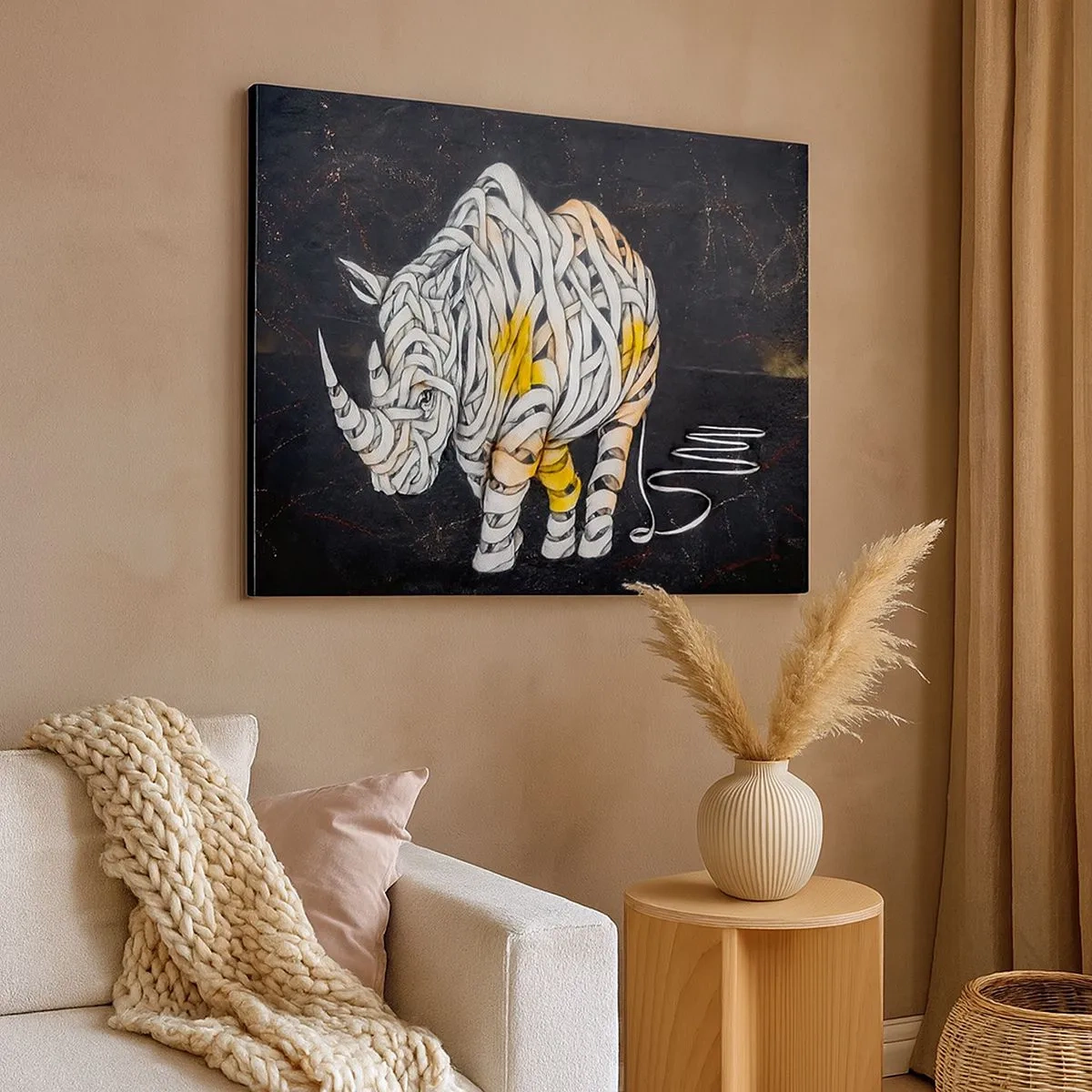 Impression sur toile - Image sur toile - Un rhinocéros sculpté avec des rayures abstraites sur un fond sombre. - 70x50cm - La peau épaisse est un mythe - Décoration murale moderne pour le salon et la chambre ARTTOR