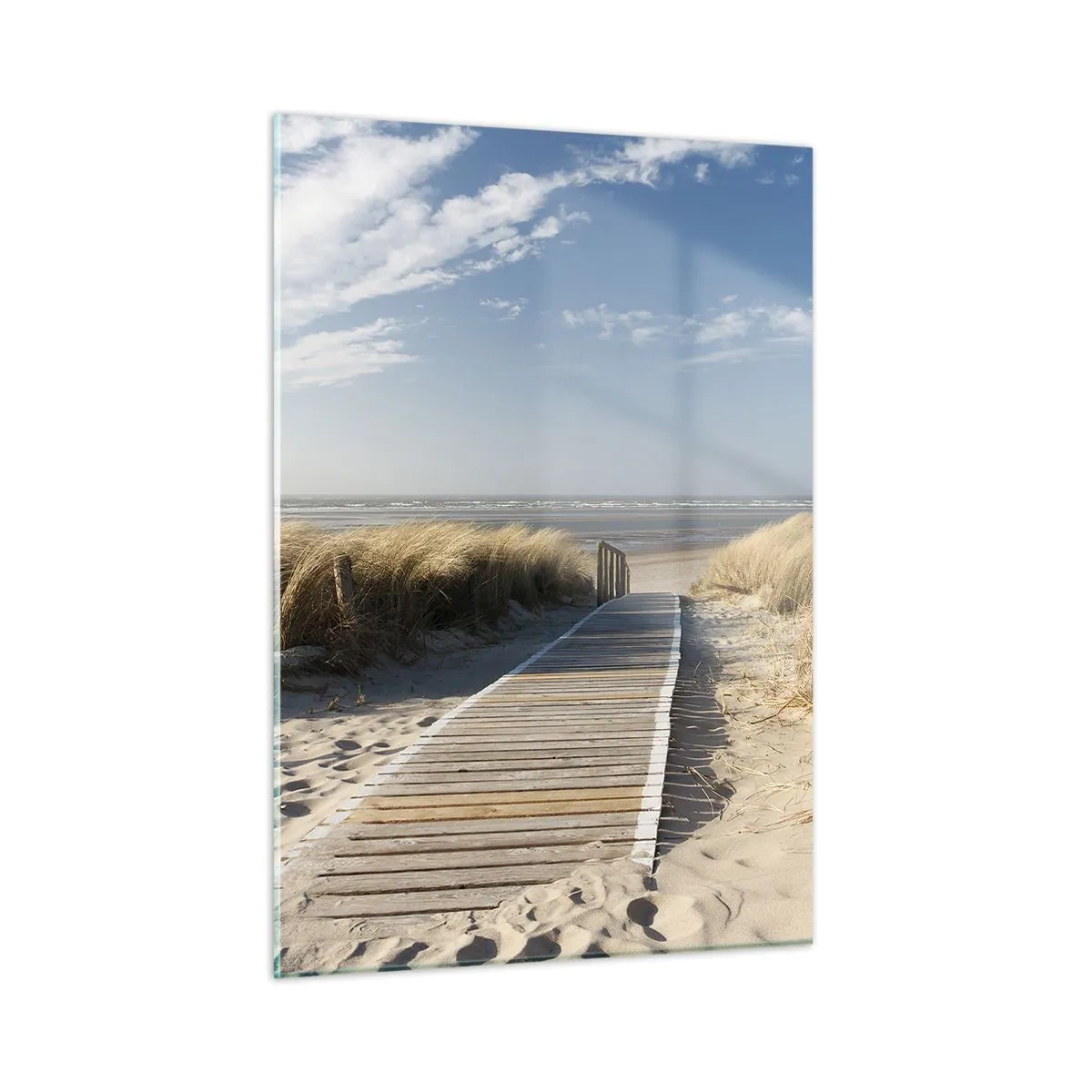 Impression sur verre - Image sur verre - Chemin en bois à travers les dunes menant à la plage - 50x70cm - Derrière la dune, dans le bruissement de l'herbe - Décoration murale moderne pour le salon et la chambre ARTTOR