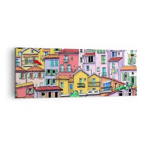 Impression sur toile - Image sur toile - Des immeubles colorés au style vivant et joyeux - 140x50cm - Ville joyeuse - Décoration murale moderne pour le salon et la chambre ARTTOR