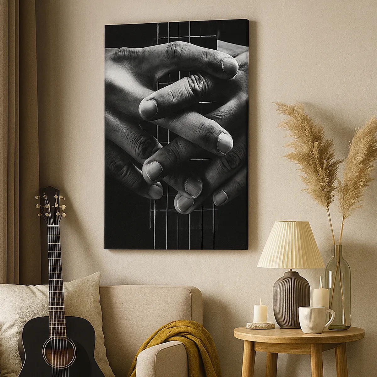 Impression sur toile - Image sur toile - Mains jointes sur une guitare dans un ton monochrome - 50x70cm - Prière d'artiste - Décoration murale moderne pour le salon et la chambre ARTTOR