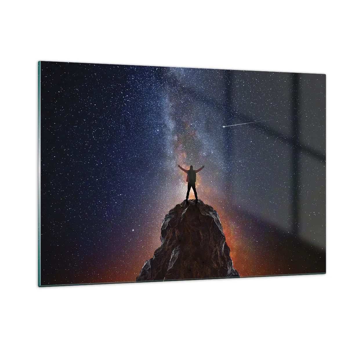 Impression sur verre - Image sur verre - Silhouette d'un homme au sommet d'un rocher sous un ciel étoilé - 120x80cm - Le force est avec moi! - Décoration murale moderne pour le salon et la chambre ARTTOR