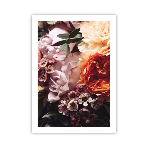 Affiche - Poster - Gros plan d'un bouquet de fleurs dans des tons de rose, d'orange et de crème. - 50x70cm - Enveloppé de beauté - Décoration murale moderne pour le salon et la chambre ARTTOR