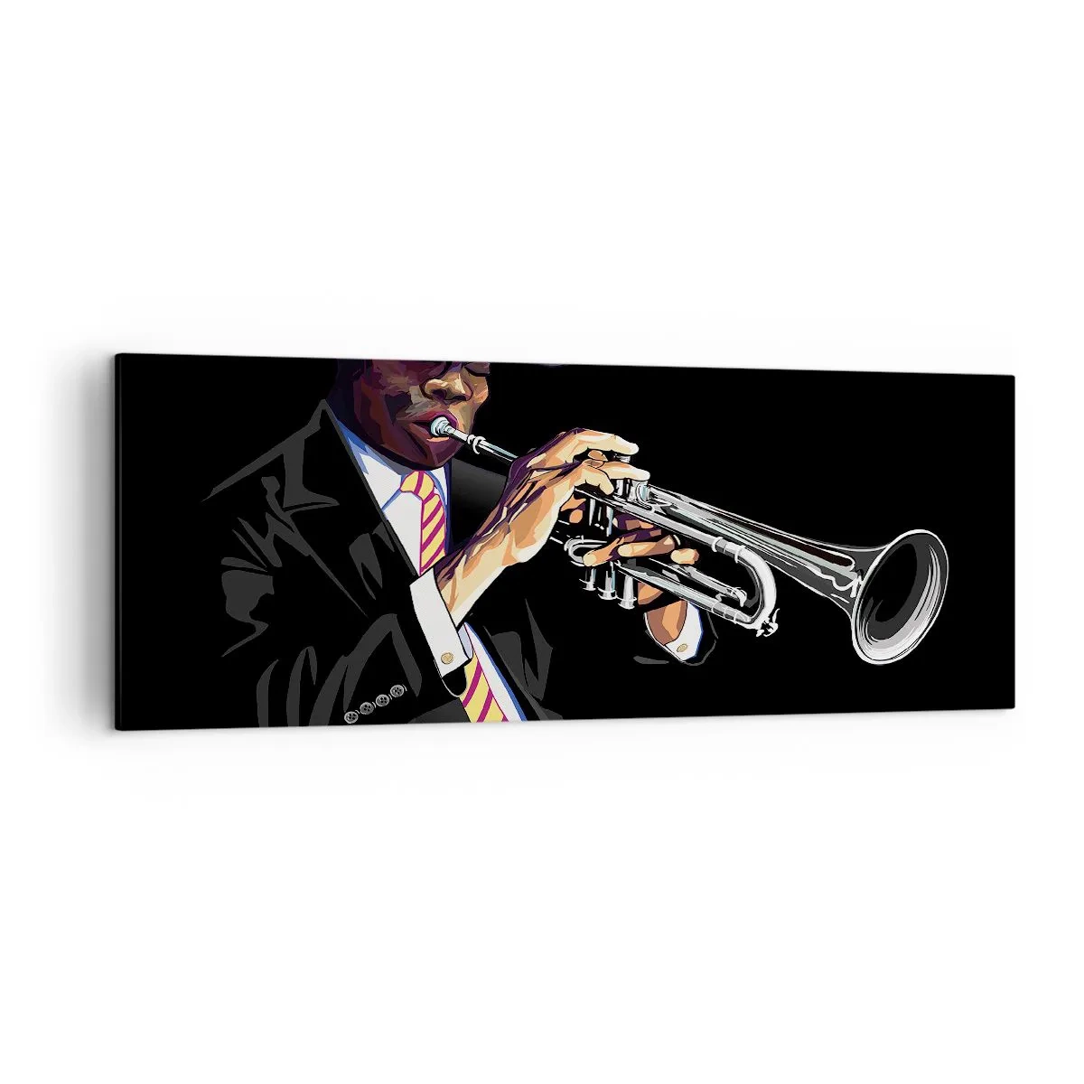 Impression sur toile - Image sur toile - Un musicien jouant de la trompette sur un fond noir - 140x50cm - Le charme de la vieille école - Décoration murale moderne pour le salon et la chambre ARTTOR