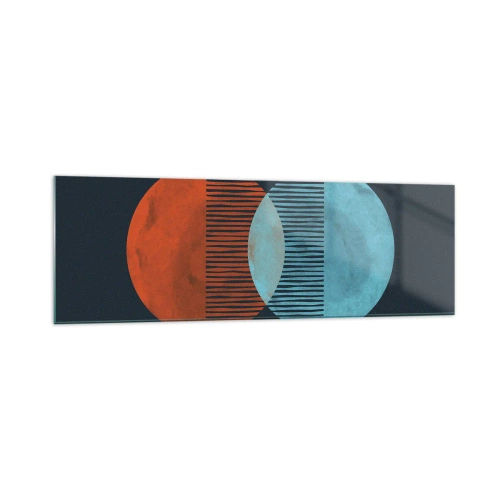 Impression sur verre - Image sur verre - Deux cercles orange et bleus sur fond sombre - 160x50cm - Fantaisie astronomique - Décoration murale moderne pour le salon et la chambre ARTTOR