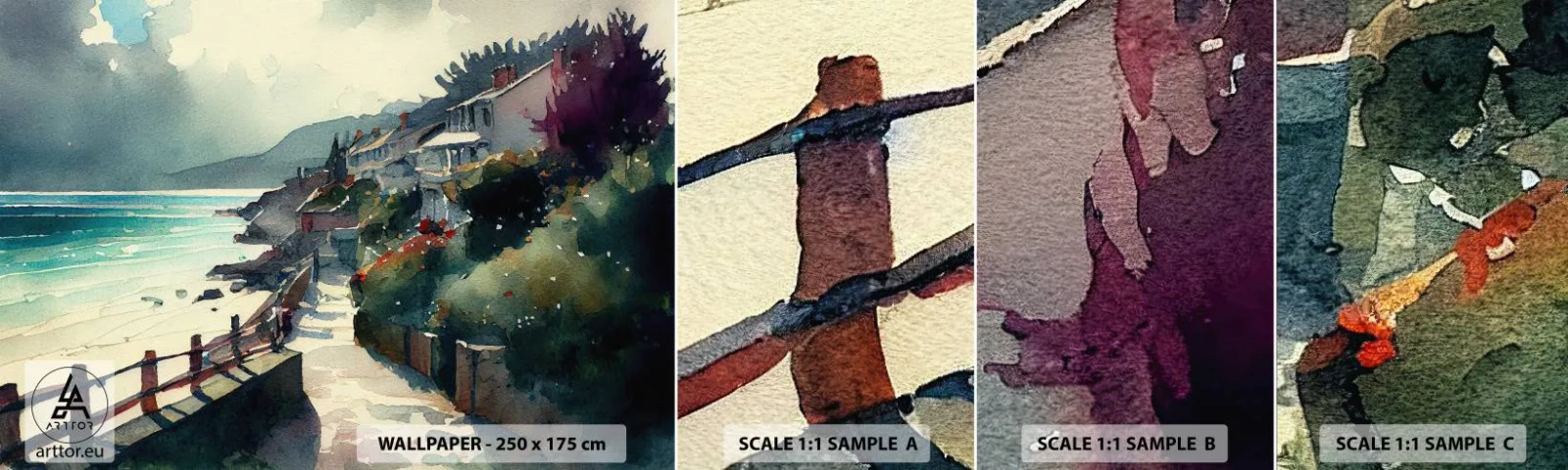 Échantillon De Papier Peint Standard Eco - Ville méditerranéenne - Maisons, Paysage, Plage - 100x30 cm