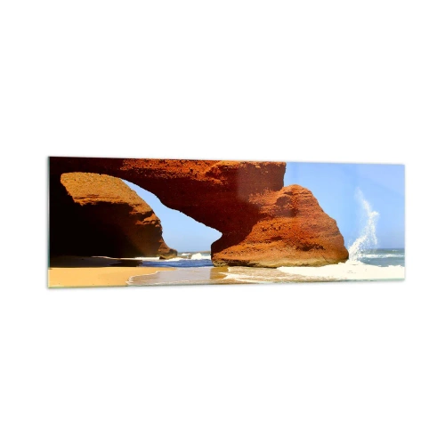 Impression sur verre - Image sur verre - Une arche rocheuse naturelle sur une plage avec un ciel bleu et des vagues - 160x50cm - L'eau et le vent depuis des milliers d'années - Décoration murale moderne pour le salon et la chambre ARTTOR