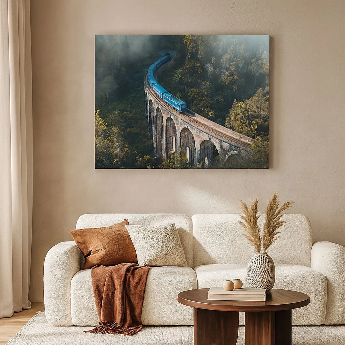 Impression sur toile - Image sur toile - Un train bleu sur un viaduc historique au milieu des forêts - 70x50cm - Train nature - Décoration murale moderne pour le salon et la chambre ARTTOR