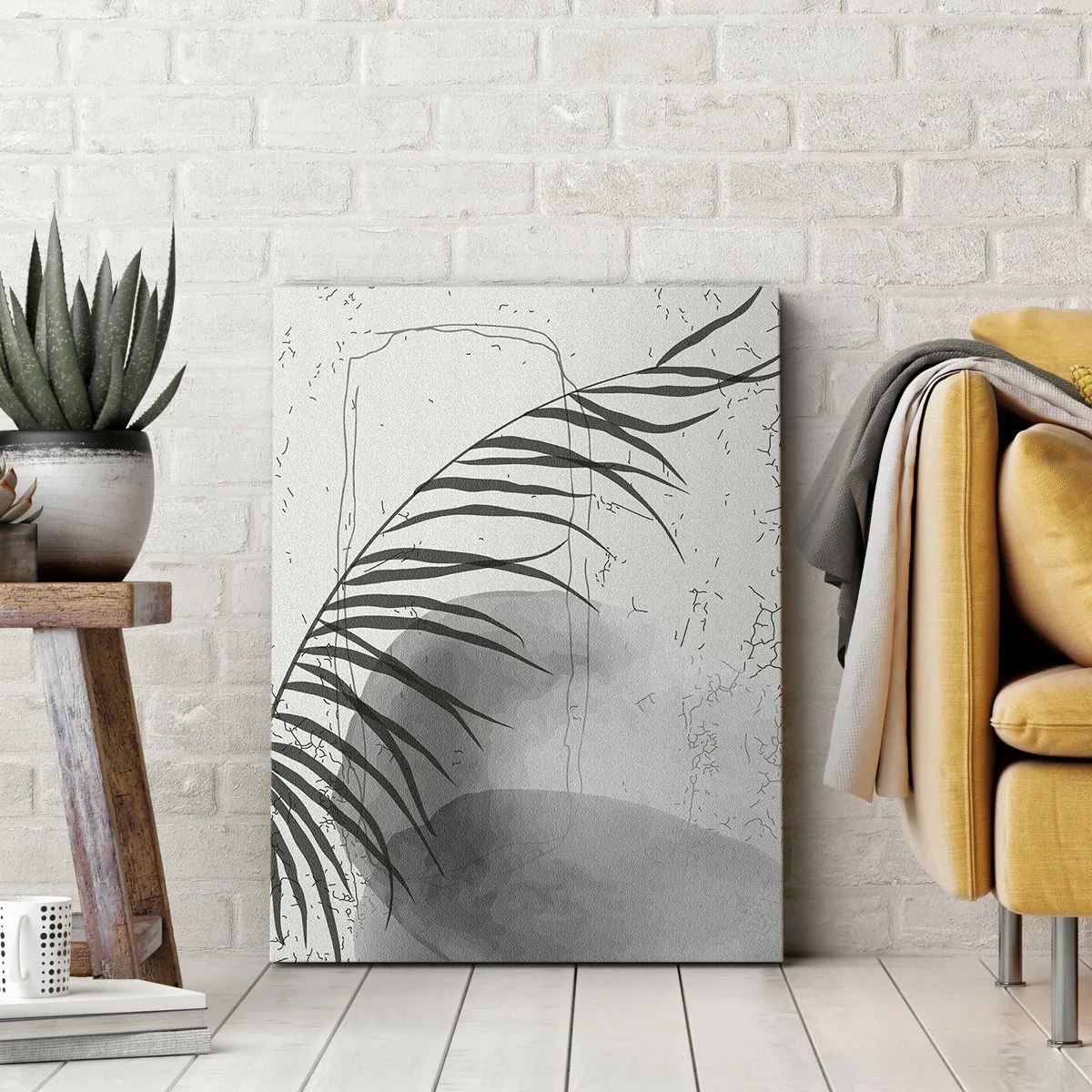 Impression sur toile - Image sur toile - Un délicat motif de feuille de palmier sur un fond clair dans un style scandinave. - 50x70cm - L'exotisme subtil de la nature - Décoration murale moderne pour le salon et la chambre ARTTOR