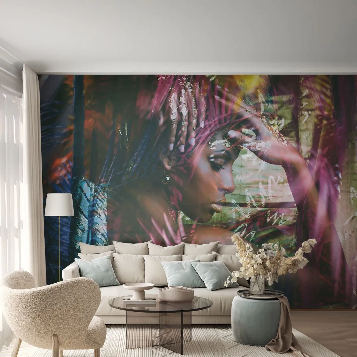 Papier Peint Autocollant Deluxe Sticker - Dame Nature dans la jungle - Femme, Afrique, Afrique - 250x175 cm