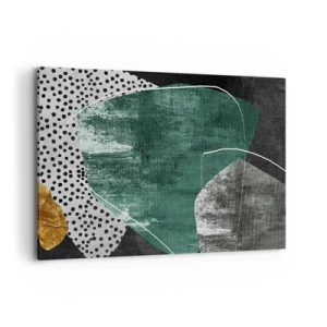Impression sur toile - Image sur toile - Composition abstraite avec des formes vertes et des motifs à pois - 100x70cm - Abstraction colorée avec feuille d'or - Décoration murale moderne pour le salon et la chambre ARTTOR