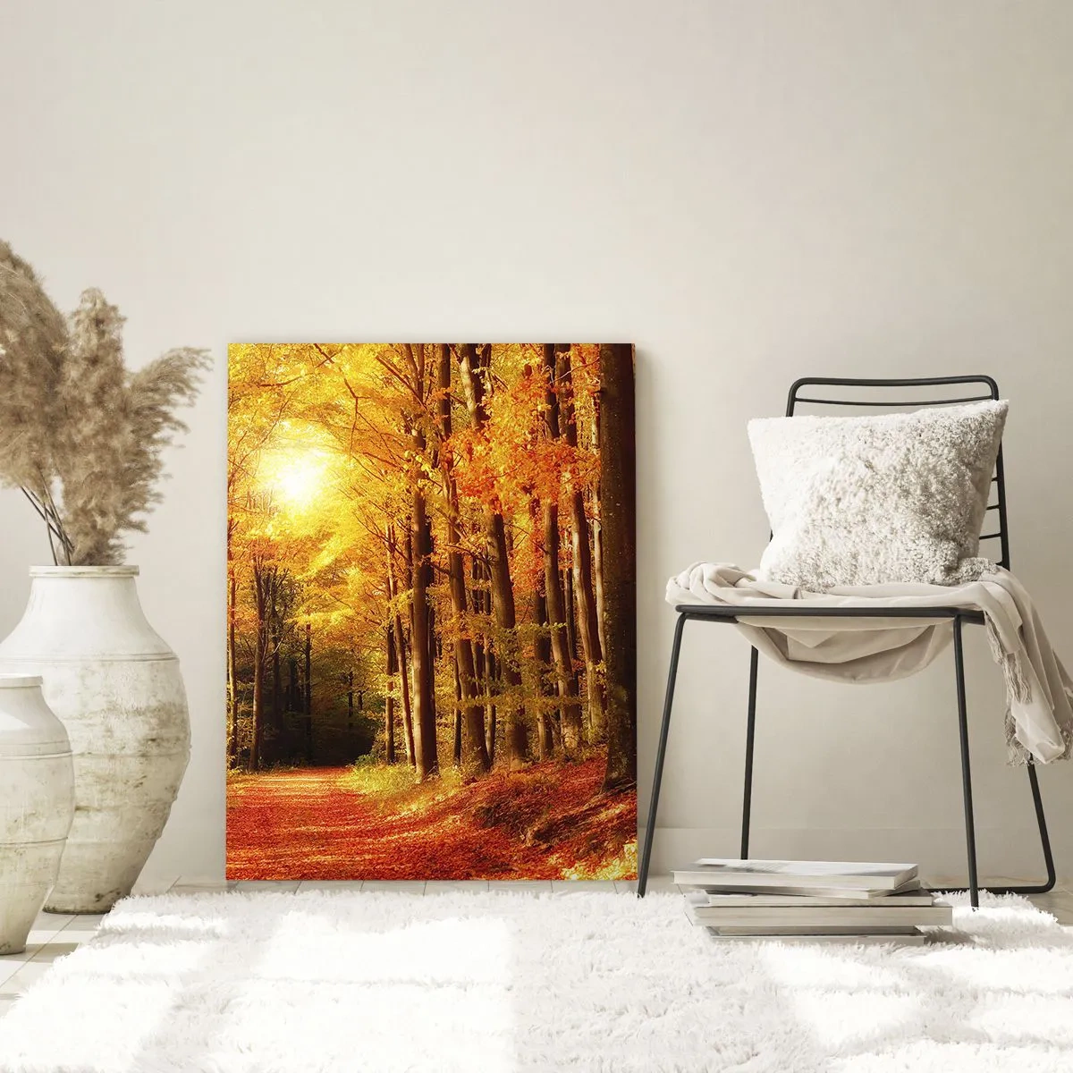 Impression sur verre - Image sur verre - Forêt d'automne baignée de soleil doré - 50x70cm - Automne doré sur une route forestière - Décoration murale moderne pour le salon et la chambre ARTTOR
