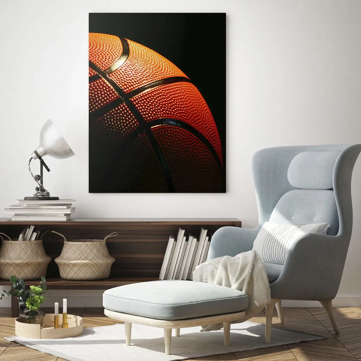 Impression sur verre - Image sur verre - Gros plan d'un ballon de basket sur fond noir - 70x100cm - Belle comme une planète - Décoration murale moderne pour le salon et la chambre ARTTOR