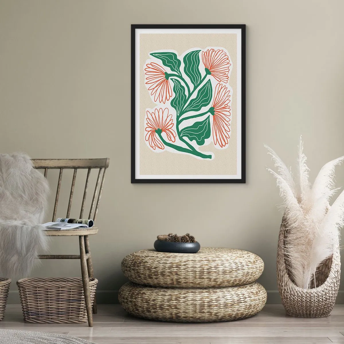 Affiche dans un cadre noir - Poster - Motif abstrait de fleurs et de feuilles sur fond beige - 50x70cm - Folk et moderne - Décoration murale moderne pour le salon et la chambre ARTTOR