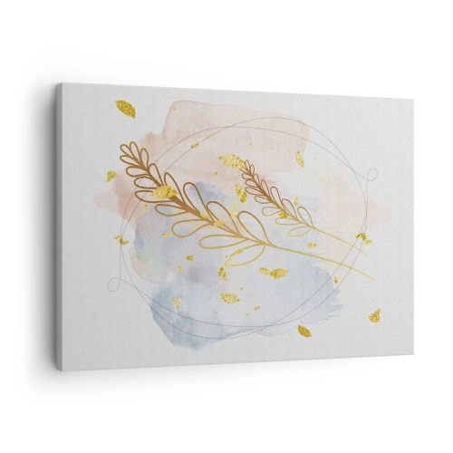 Impression sur toile - Image sur toile - Un délicat motif de feuille dorée sur un fond pastel avec des détails aquarelles. - 70x50cm - Explosion d'or - Décoration murale moderne pour le salon et la chambre ARTTOR