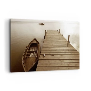 Impression sur toile - Image sur toile - Jetée en bois et bateau sur un lac calme - 120x80cm - Le grand silence - Décoration murale moderne pour le salon et la chambre ARTTOR