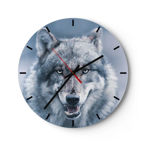 Horloge murale - Pendule murale - Un loup aux crocs dénudés sur un fond bleu froid - 30x30cm - Relèverez-vous le défi ? - Décoration murale moderne pour le salon, la cuisine et la chambre ARTTOR