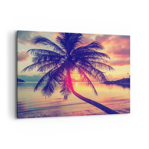 Impression sur toile - Image sur toile - Coucher de soleil avec un palmier sur un rivage tranquille - 120x80cm - Soirée sous les palmiers - Décoration murale moderne pour le salon et la chambre ARTTOR