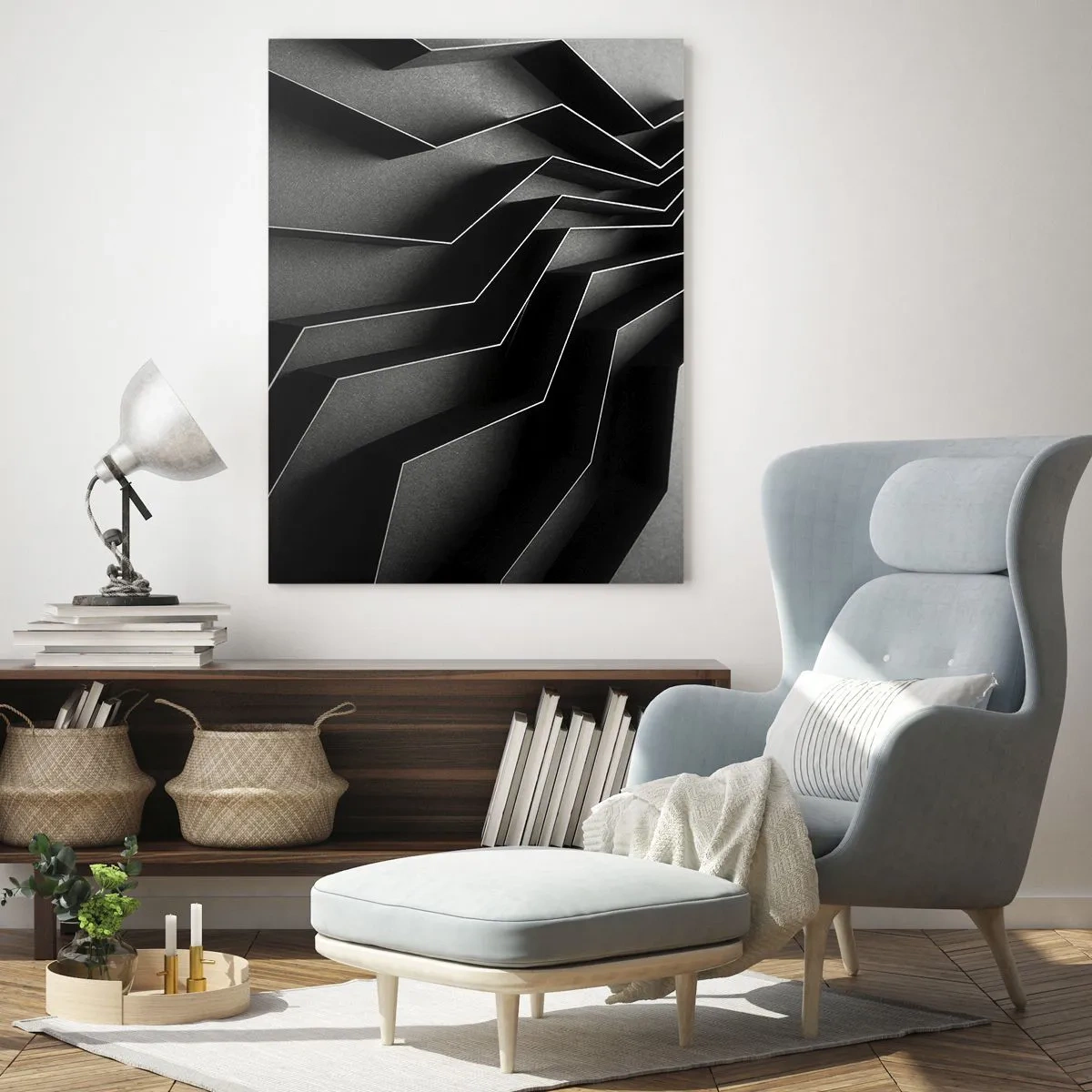 Impression sur verre - Image sur verre - Formes géométriques noires avec profondeur et clair-obscur - 50x70cm - Ordre spatial - Décoration murale moderne pour le salon et la chambre ARTTOR