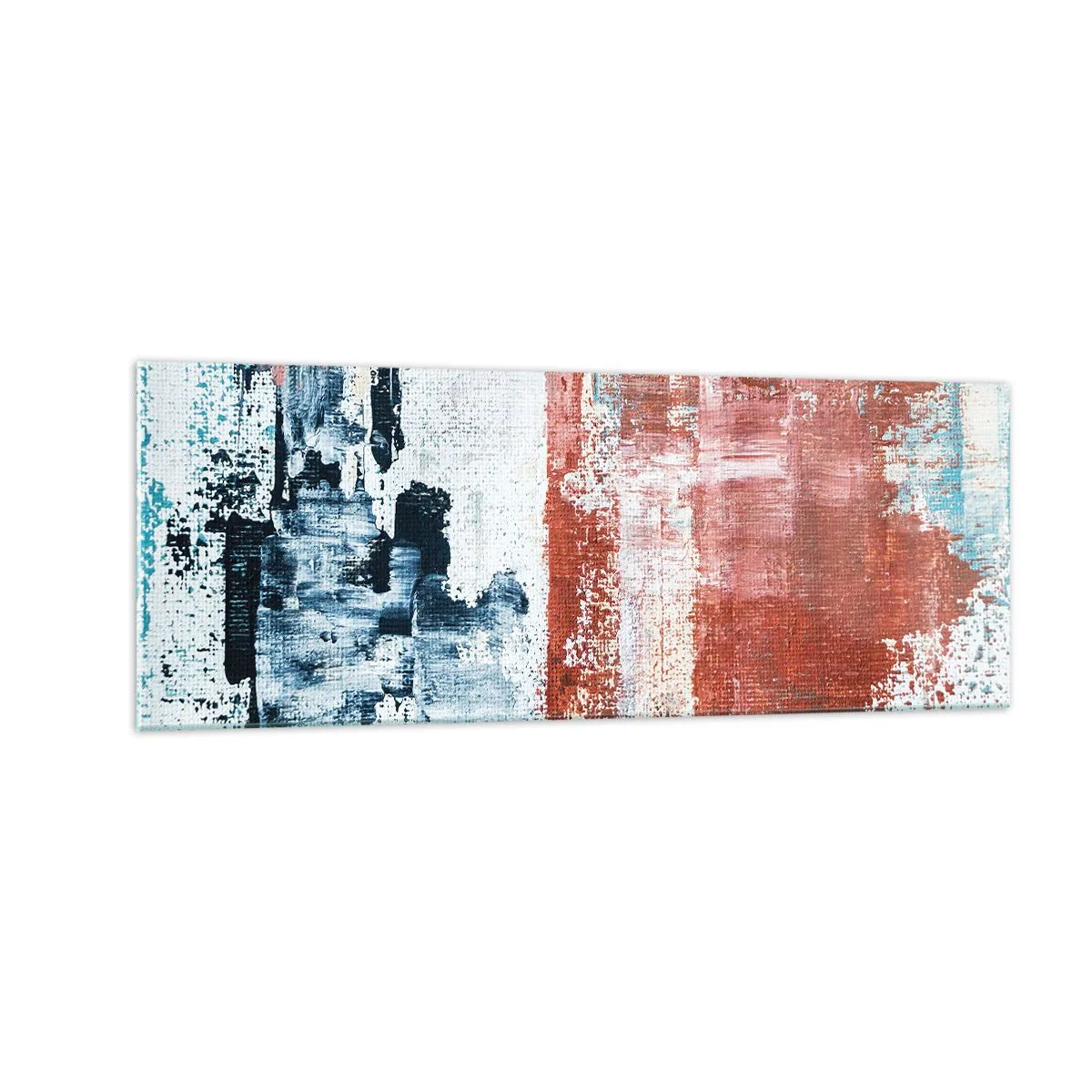 Impression sur verre - Image sur verre - Abstraction aux couleurs blanc, bleu et brique - 140x50cm - Moitié-moitié abstrait - Décoration murale moderne pour le salon et la chambre ARTTOR