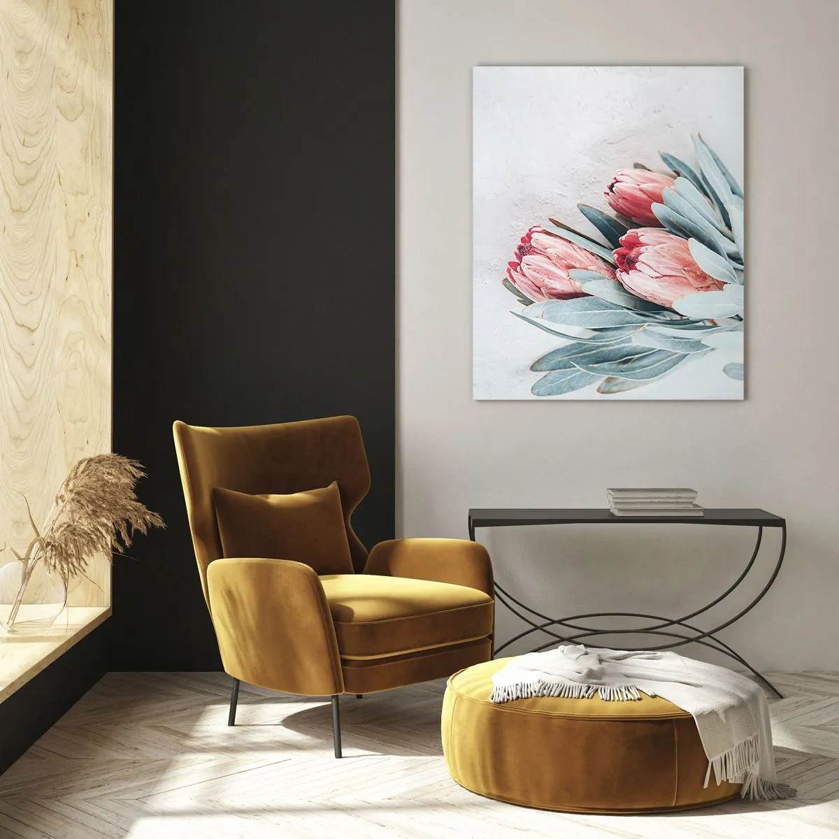 Impression sur verre - Image sur verre - Trois fleurs de protéa pastel avec des feuilles sur un fond clair - 50x70cm - Honte de leur propre beauté - Décoration murale moderne pour le salon et la chambre ARTTOR
