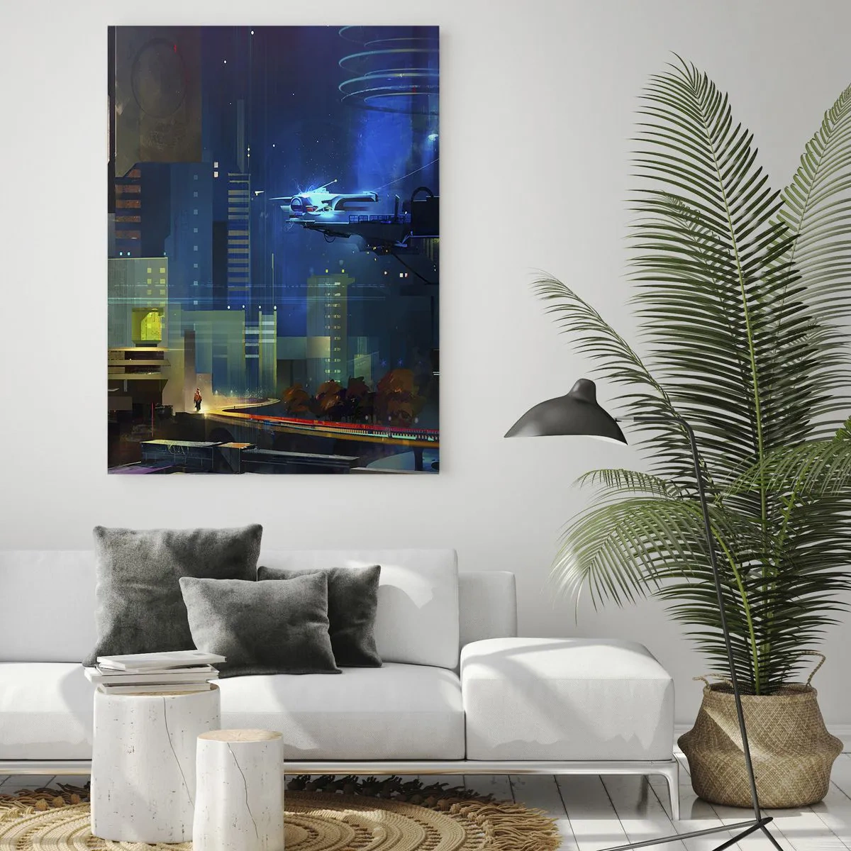 Impression sur verre - Image sur verre - Ville futuriste la nuit avec des néons et un véhicule volant - 80x120cm - Dans le futur proche - Décoration murale moderne pour le salon et la chambre ARTTOR