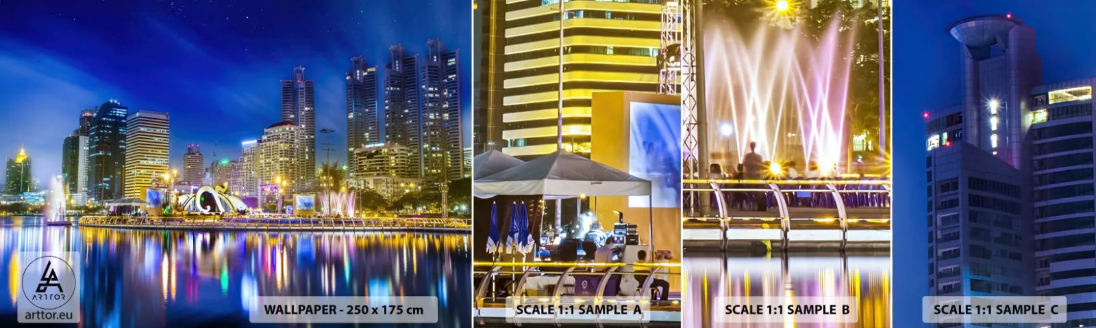 Échantillon de Papier Peint Autocollant Deluxe Sticker - Nuit arc-en-ciel de la métropole - Ville, Bangkok, Architecture - 100x30 cm