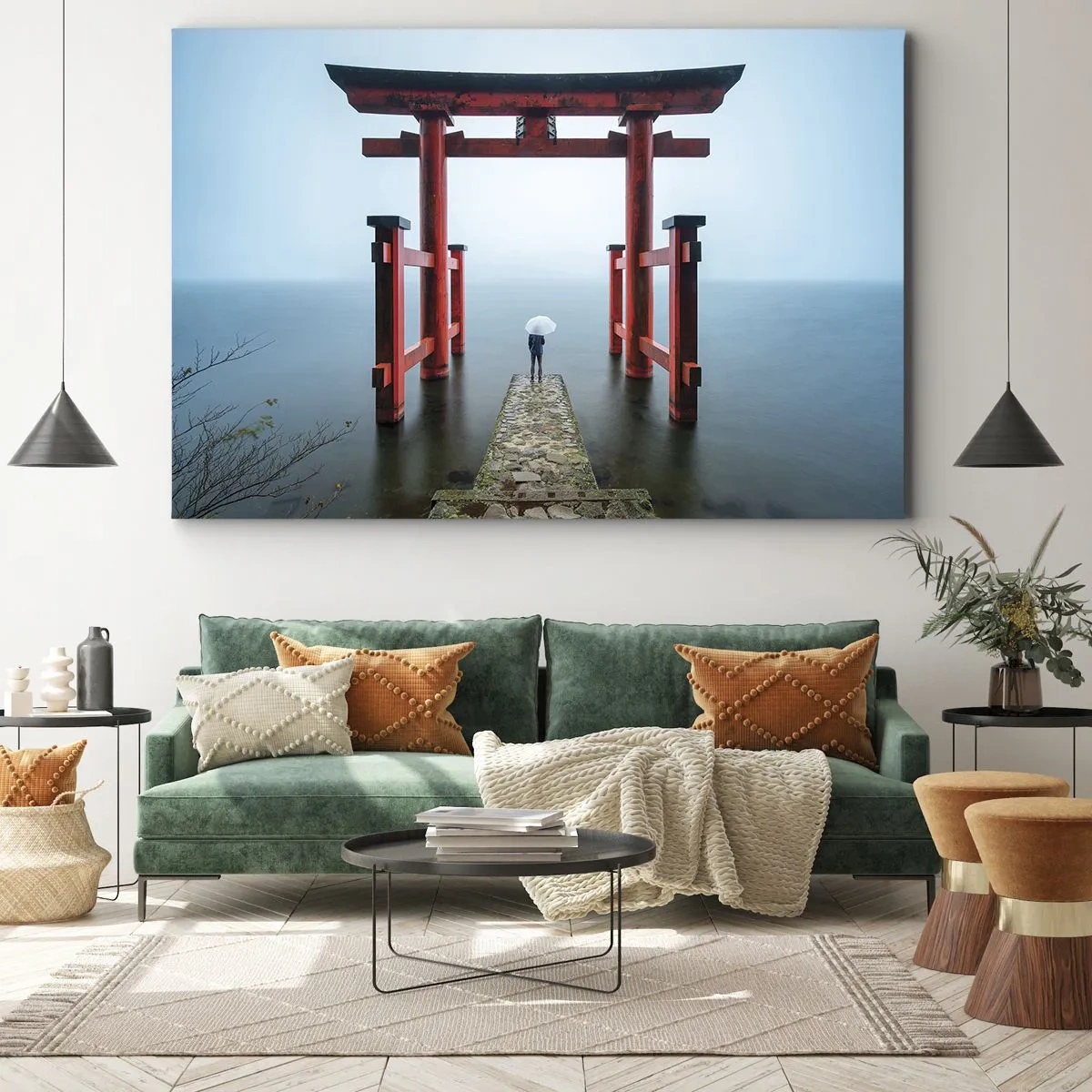 Impression sur toile - Image sur toile - Un portail torii surplombant un lac tranquille au Japon - 120x80cm - Rêverie japonnaise - Décoration murale moderne pour le salon et la chambre ARTTOR