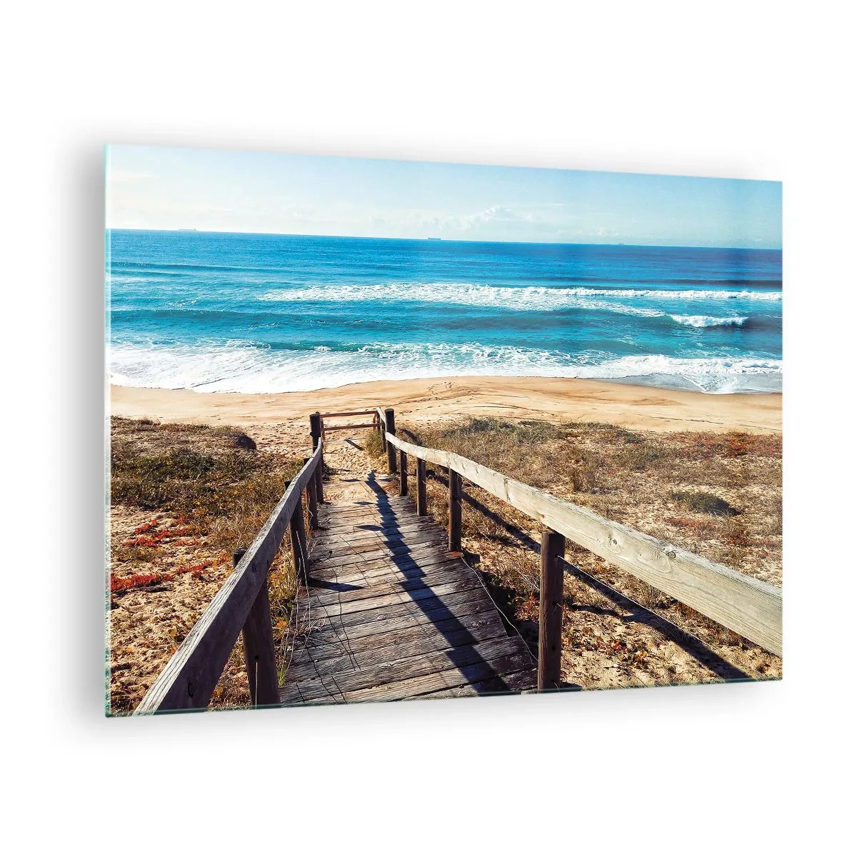 Impression sur verre - Image sur verre - Chemin en bois menant à la plage avec vue sur l'océan - 70x50cm - Cours! - Décoration murale moderne pour le salon et la chambre ARTTOR