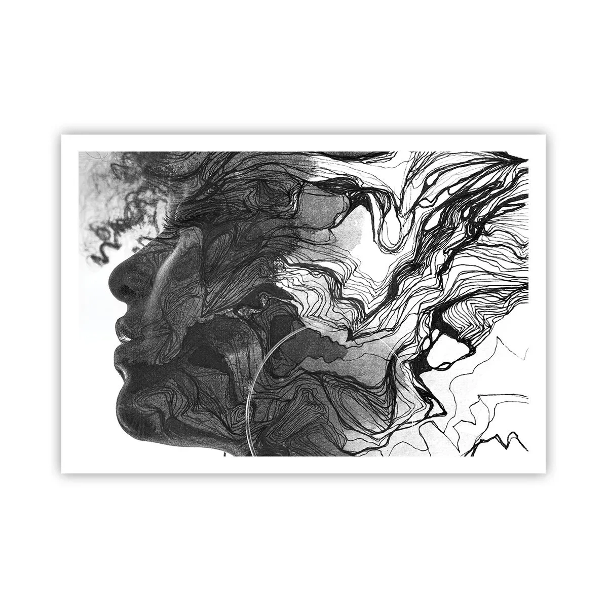 Affiche - Poster - Visage abstrait en noir et blanc avec des lignes dynamiques. - 100x70cm - Emmêlé dans les rêves - Décoration murale moderne pour le salon et la chambre ARTTOR