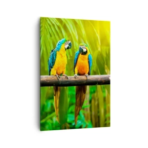 Impression sur toile - Image sur toile - Trois perroquets colorés sur fond de verdure tropicale - 70x100cm - Et avez-vous entendu qu'elle ...? - Décoration murale moderne pour le salon et la chambre ARTTOR