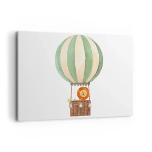 Impression sur toile - Image sur toile - Un ballon avec un lion souriant dans un panier aux couleurs pastel - 100x70cm - Les voyages de Léon - Décoration murale moderne pour le salon et la chambre ARTTOR
