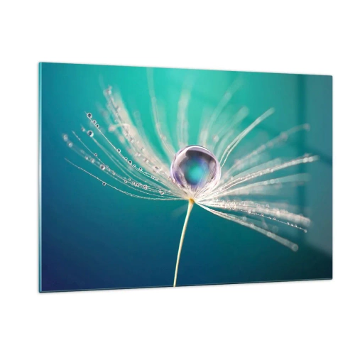 Impression sur verre - Image sur verre - Macrophotographie d'une graine de pissenlit avec une goutte de rosée sur un fond turquoise - 120x80cm - Moment mystique - Décoration murale moderne pour le salon et la chambre ARTTOR