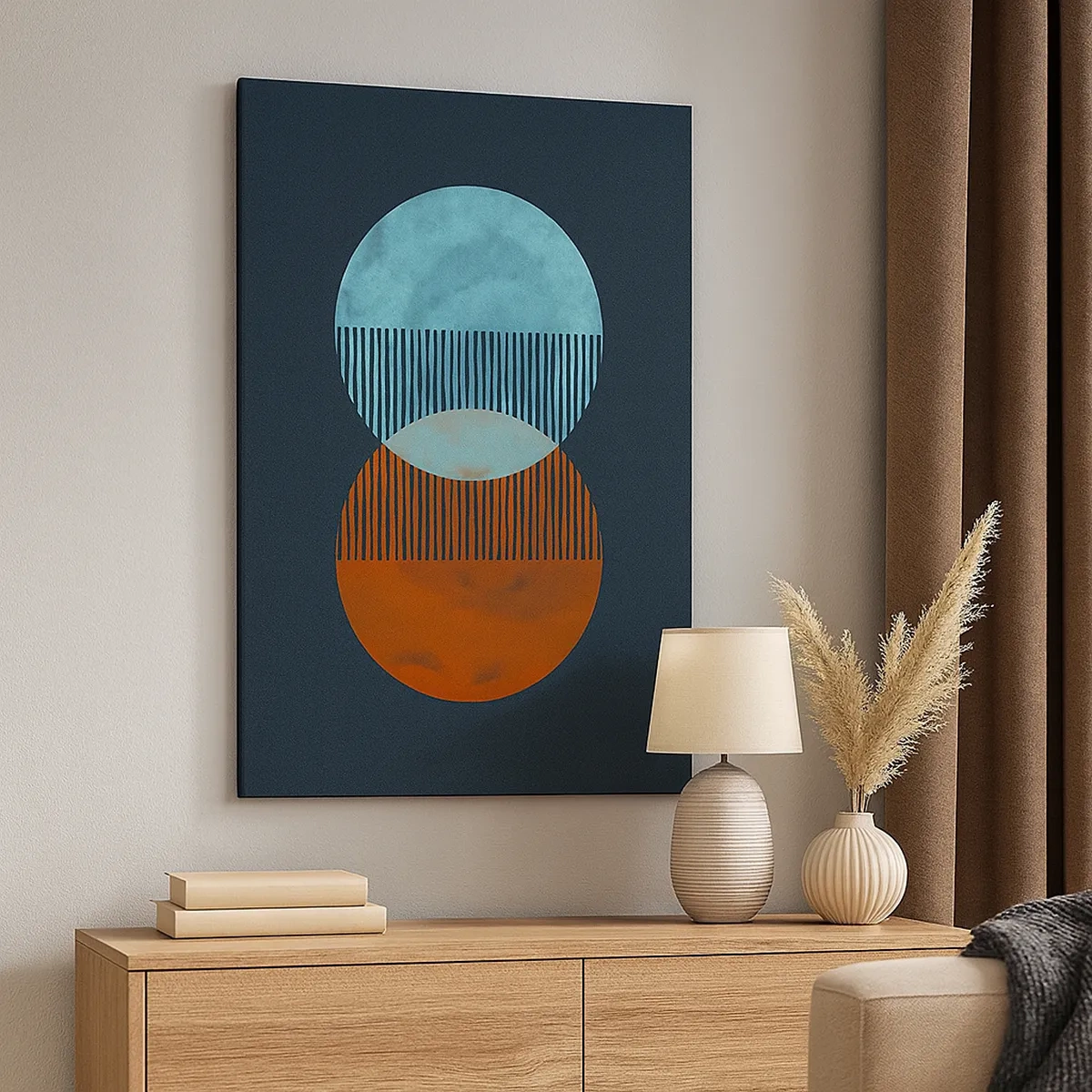 Impression sur toile - Image sur toile - Deux cercles orange et bleus sur fond sombre - 50x70cm - Fantaisie astronomique - Décoration murale moderne pour le salon et la chambre ARTTOR