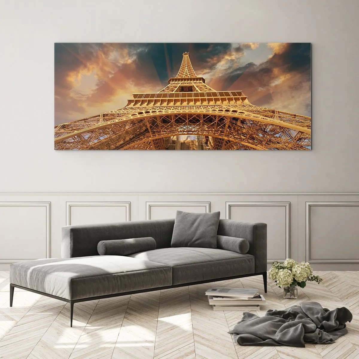 Impression sur verre - Image sur verre - La Tour Eiffel vue d'en bas sur fond de soleil couchant - 160x50cm - Comment l'humanité a atteint le ciel - Décoration murale moderne pour le salon et la chambre ARTTOR