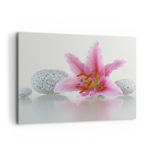 Impression sur toile - Image sur toile - Fleur de lys rose avec des pierres sur un fond clair - 100x70cm - Étude de rose, gris et blanc - Décoration murale moderne pour le salon et la chambre ARTTOR