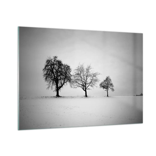 Impression sur verre - Image sur verre - Trois arbres solitaires dans une zone enneigée - 100x70cm - A quoi rêvent-ils? - Décoration murale moderne pour le salon et la chambre ARTTOR